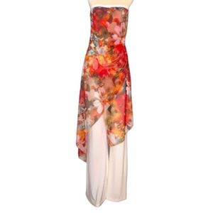 CACHÈ  Strapless Cream/Floral Cocktail Chic Jumpsuit Size M